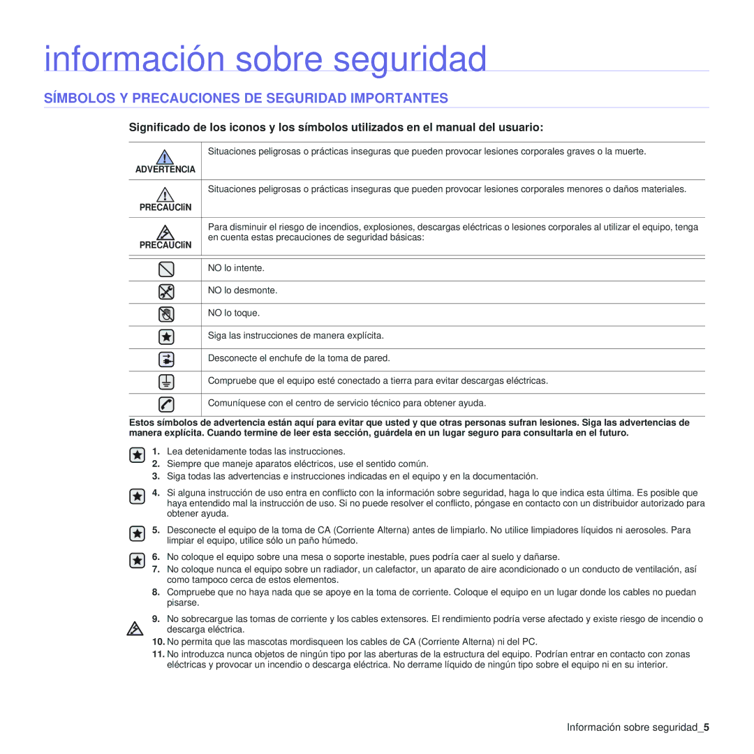 Samsung 310 manual Información sobre seguridad5, PRECAUCIîN 