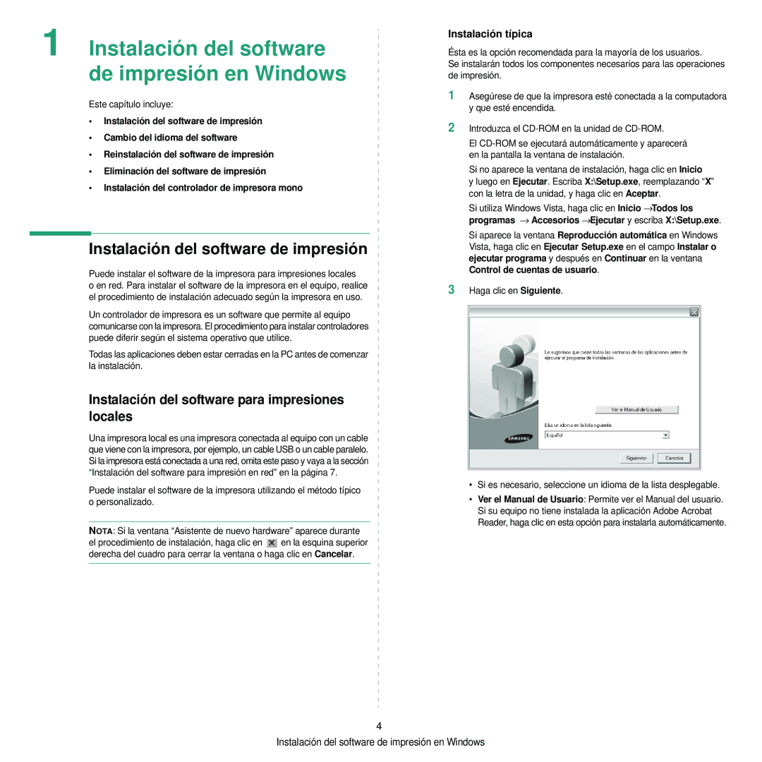 Samsung 310 Instalación del software de impresión, Instalación del software para impresiones locales, Instalación típica 