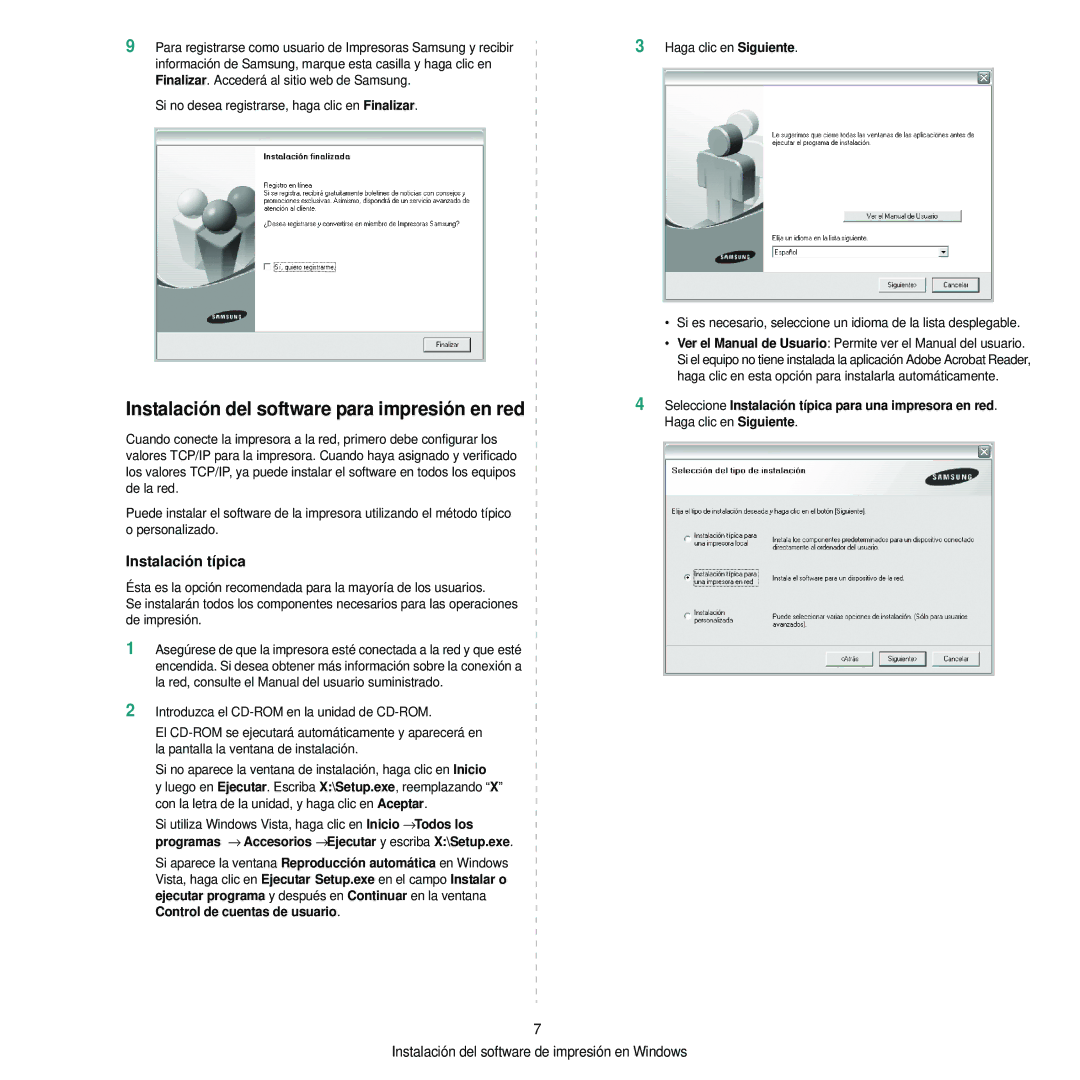 Samsung 310 manual Instalación del software para impresión en red, Instalación típica 