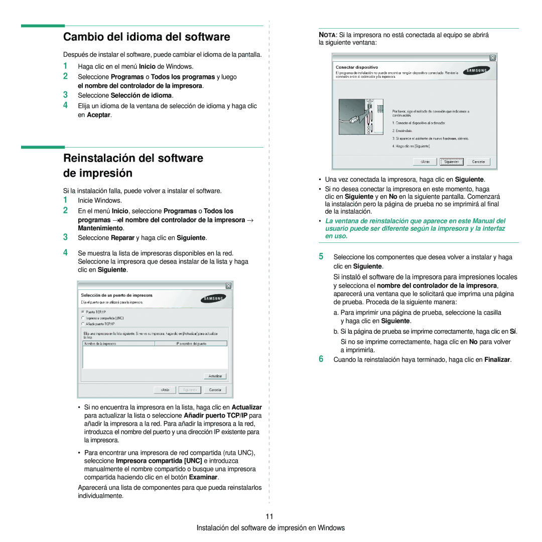 Samsung 310 manual Cambio del idioma del software, Reinstalación del software de impresión 