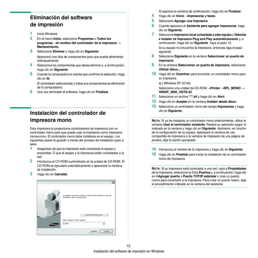 Samsung 310 manual Eliminación del software de impresión, Instalación del controlador de impresora mono 