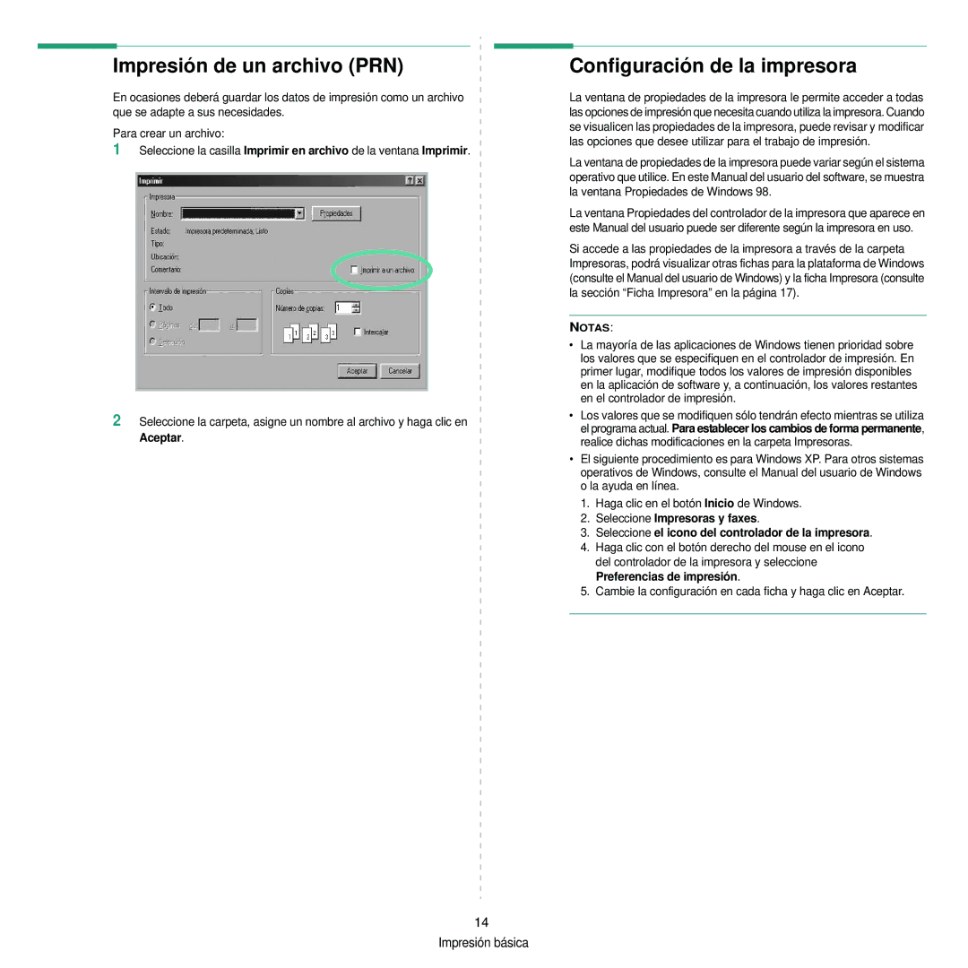 Samsung 310 manual Impresión de un archivo PRN, Configuración de la impresora 