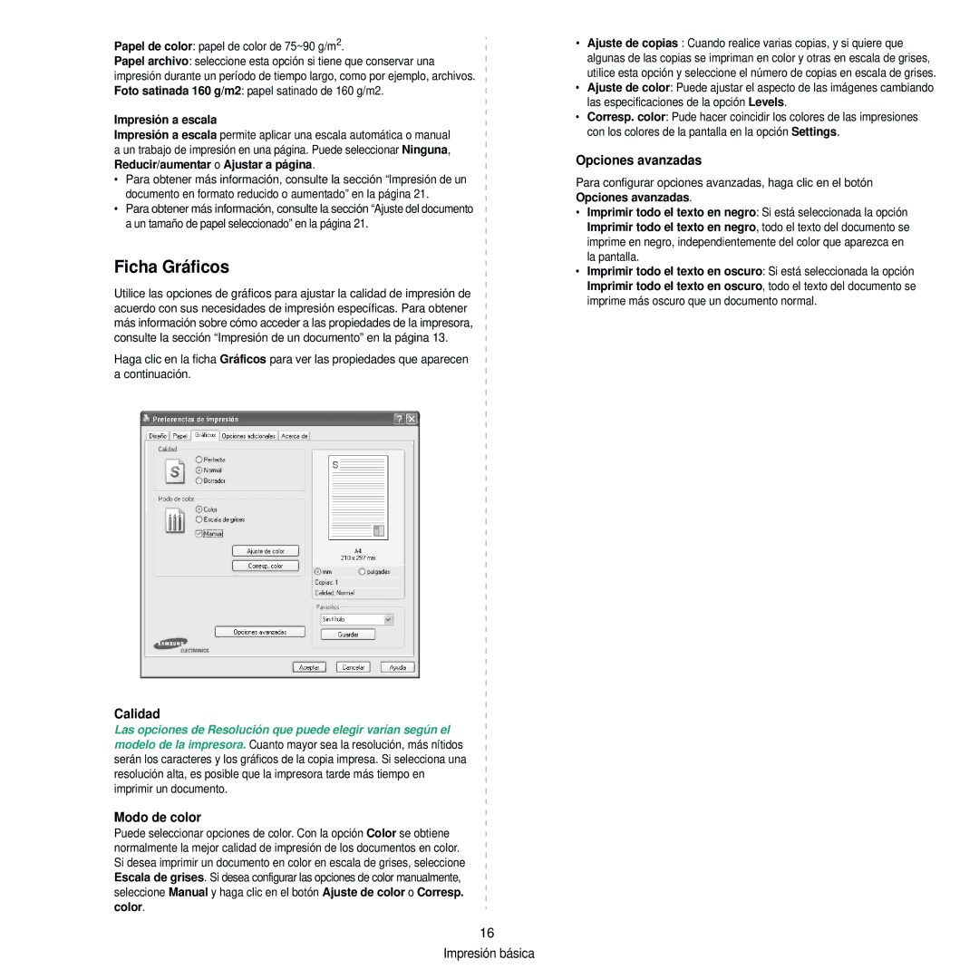 Samsung 310 manual Ficha Gráficos, Calidad, Modo de color, Opciones avanzadas 