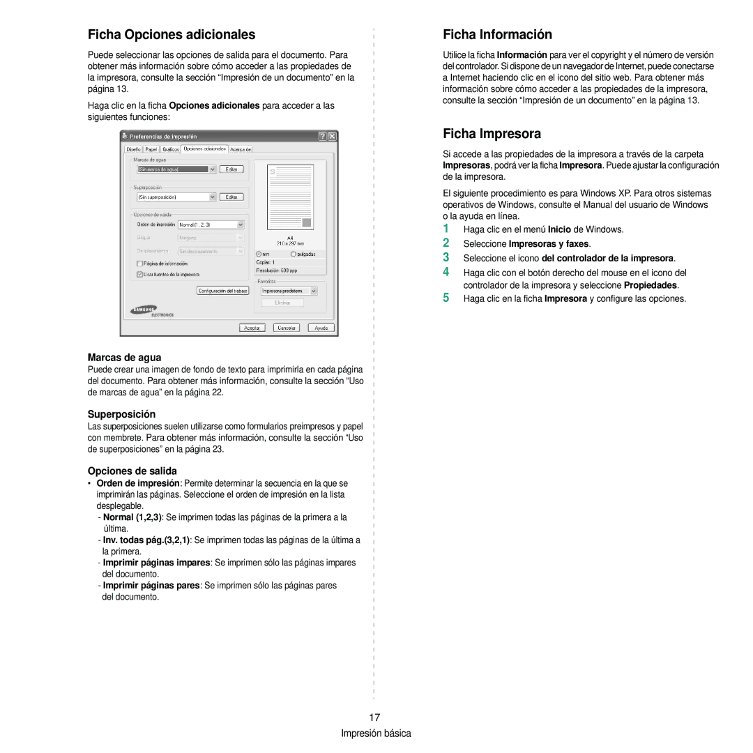 Samsung 310 manual Ficha Opciones adicionales, Ficha Información, Ficha Impresora 