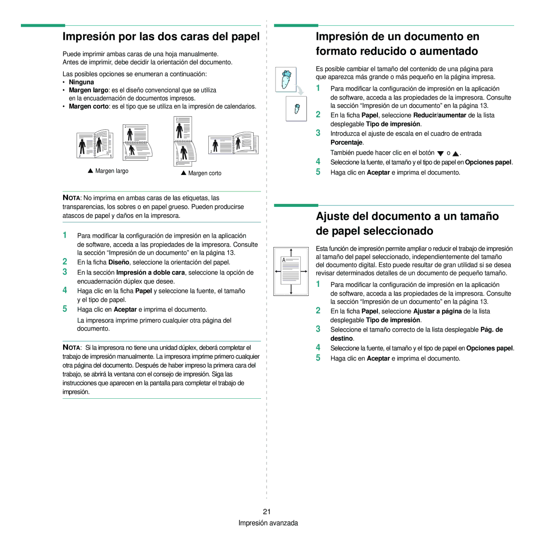 Samsung 310 manual Impresión por las dos caras del papel, Impresión de un documento en formato reducido o aumentado 