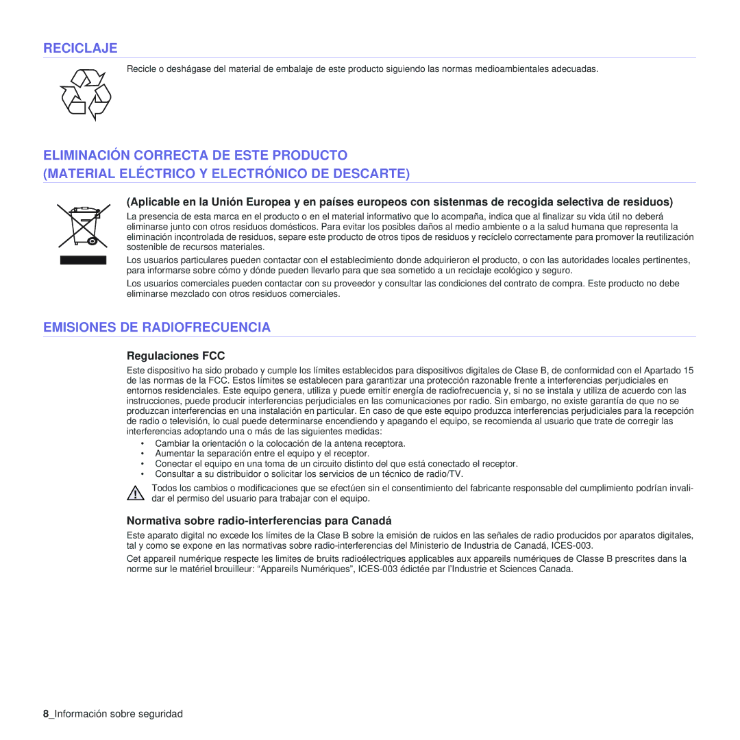 Samsung 310 manual Regulaciones FCC, Normativa sobre radio-interferencias para Canadá, 8Información sobre seguridad 