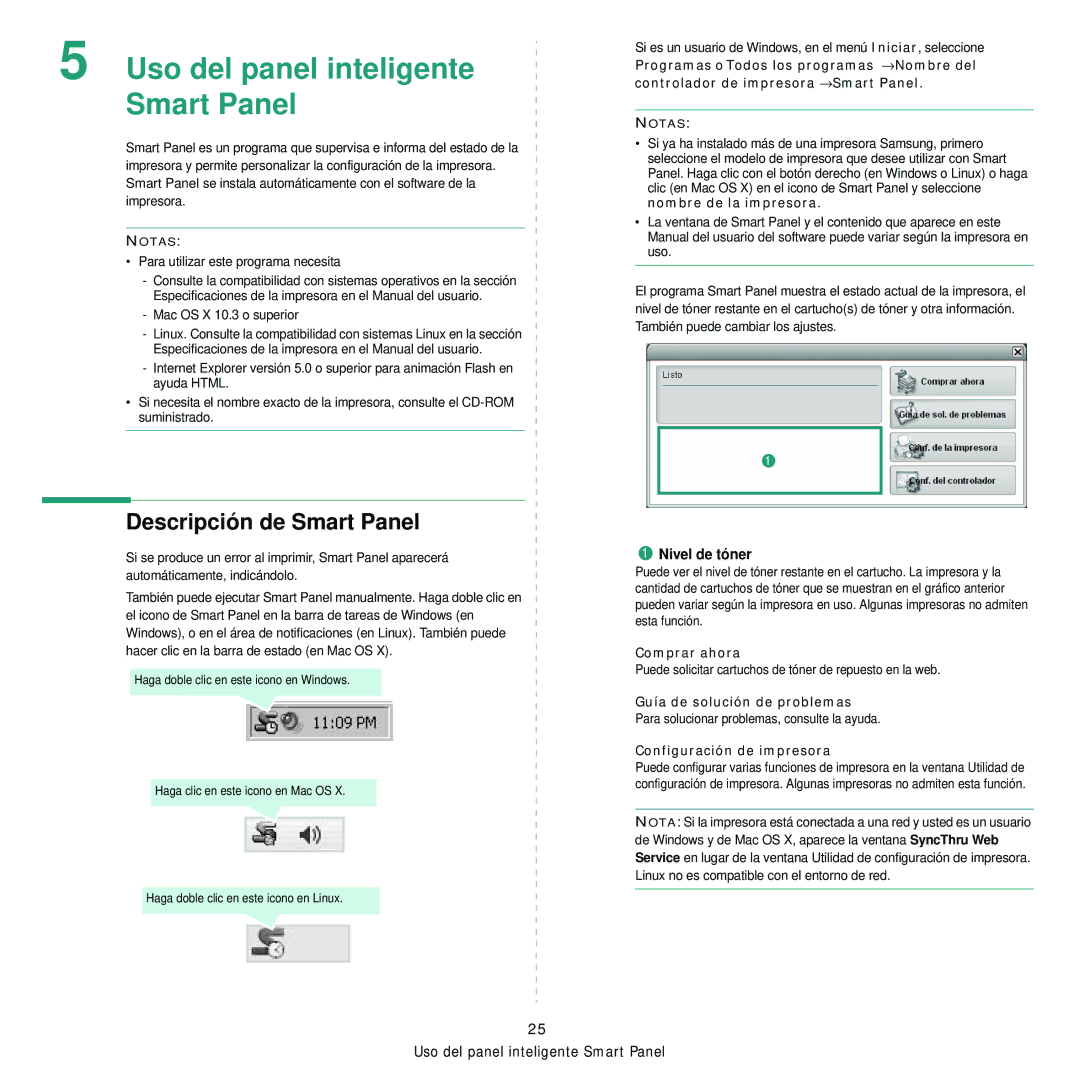 Samsung 310 manual Descripción de Smart Panel, Nivel de tóner 