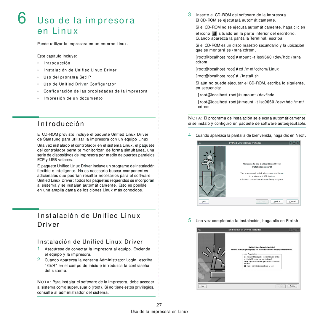 Samsung 310 manual Uso de la impresora en Linux 