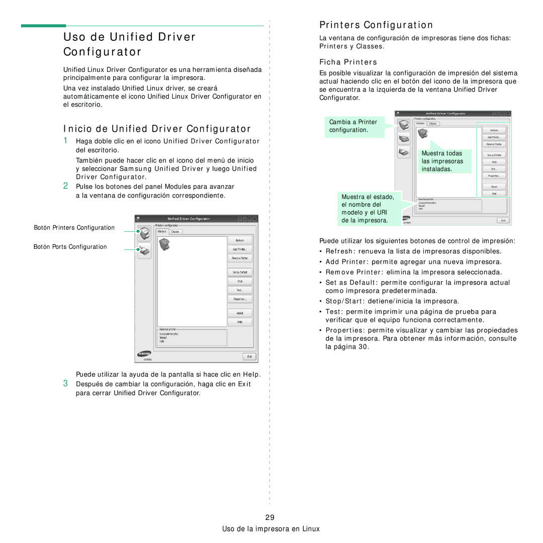 Samsung 310 manual Uso de Unified Driver Configurator 