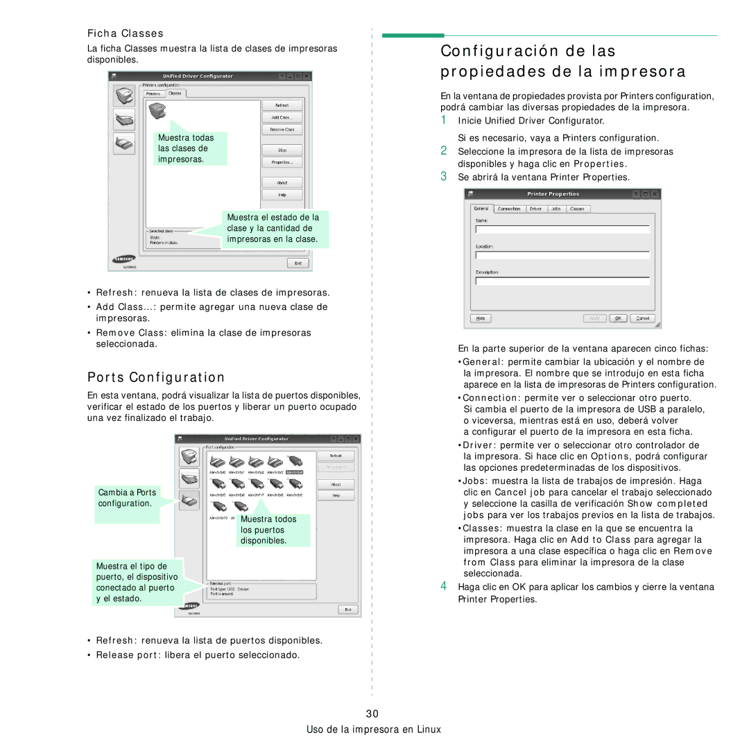 Samsung 310 manual Configuración de las propiedades de la impresora 