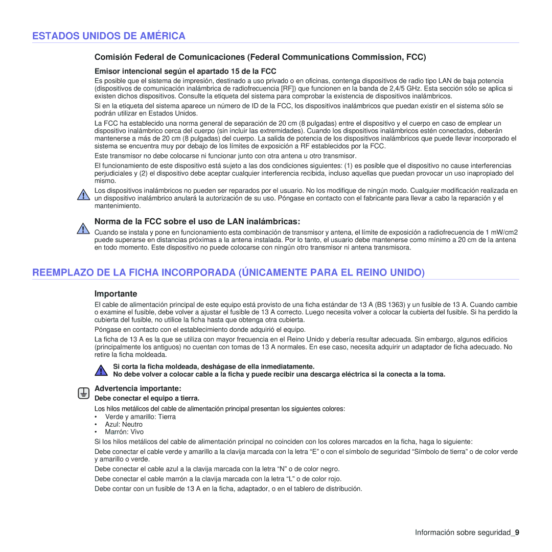 Samsung 310 manual Norma de la FCC sobre el uso de LAN inalámbricas, Importante, Información sobre seguridad9 