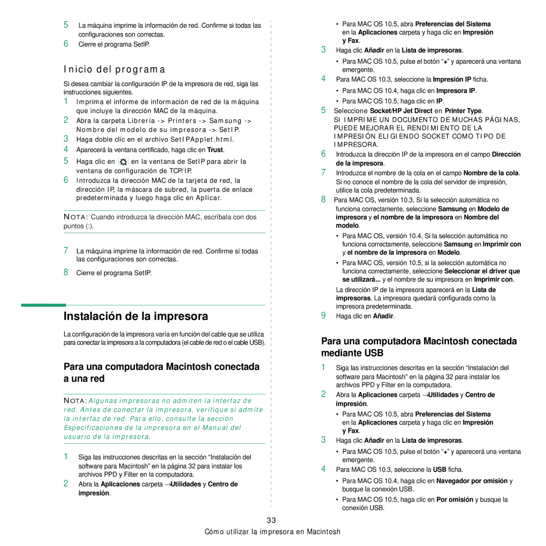 Samsung 310 manual Instalación de la impresora, Para una computadora Macintosh conectada a una red 