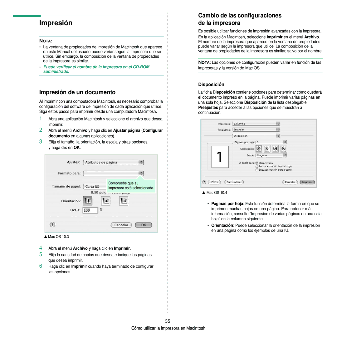 Samsung 310 manual Impresión de un documento, Cambio de las configuraciones de la impresora, Disposición 