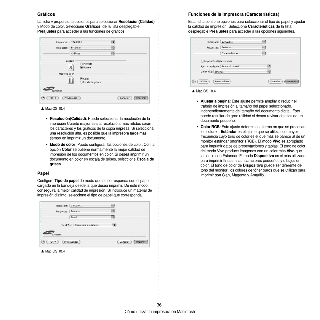 Samsung 310 manual Gráficos, Papel, Funciones de la impresora Características 