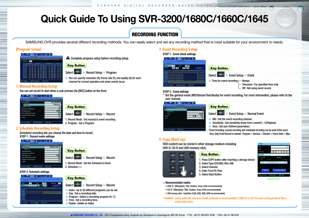 Samsung 1680C, 3200, 1660C, 1645 user manual Program Setup, Manual Recording Setup, Schedule Recording Setup, Copy Back-up 