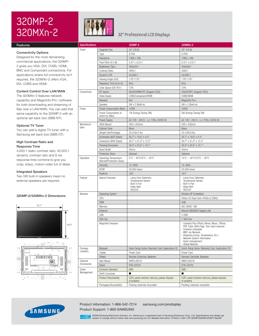 Samsung manual Connectivity Options, High Contrast Ratio Response Time, Integrated Speakers, 320MP-2/320MXn-2 Dimensions 