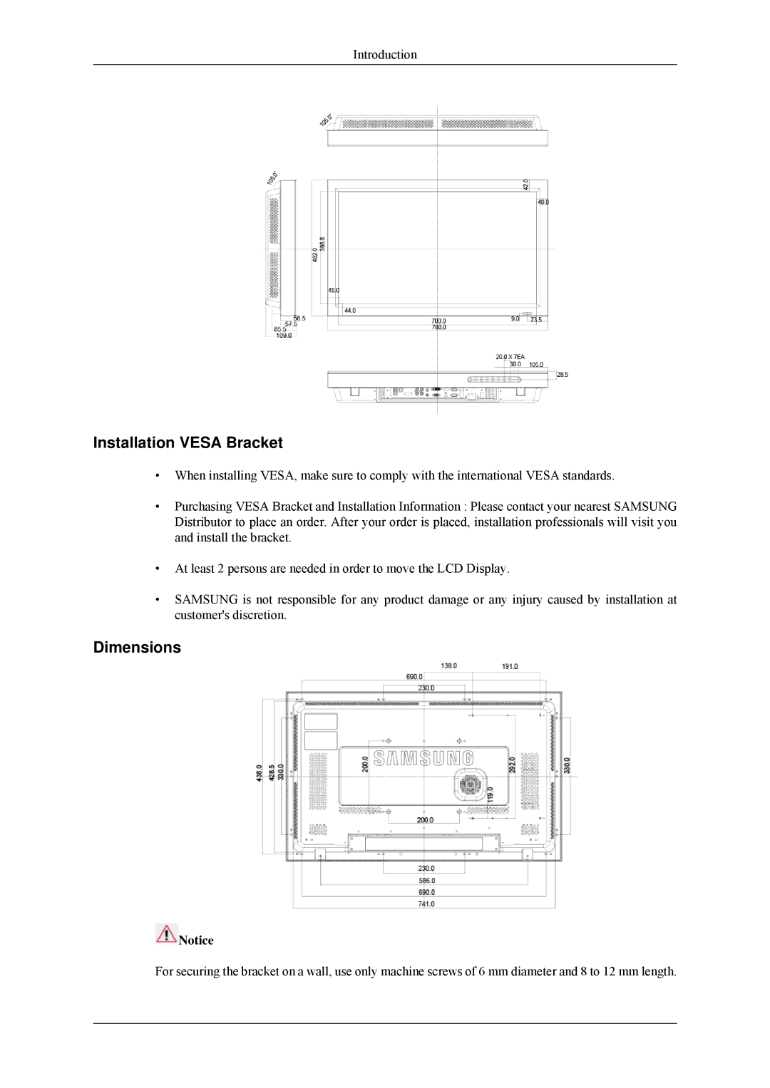 Samsung 320MP-2 quick start Installation Vesa Bracket, Dimensions 