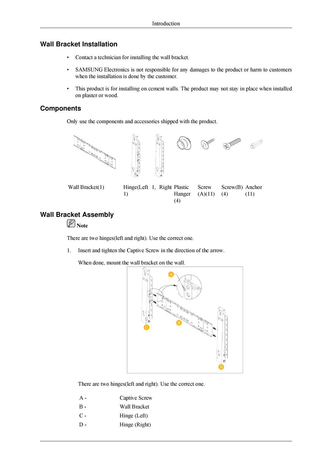 Samsung 320MP-2 quick start Wall Bracket Installation, Components, Wall Bracket Assembly 