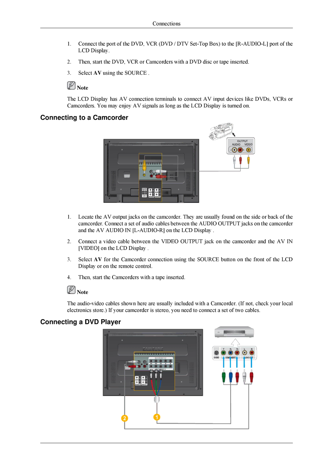 Samsung 320MP-2 quick start Connecting to a Camcorder, Connecting a DVD Player 