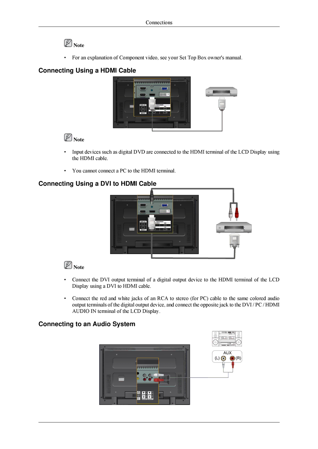 Samsung 320MP-2 Connecting Using a Hdmi Cable, Connecting Using a DVI to Hdmi Cable, Connecting to an Audio System 