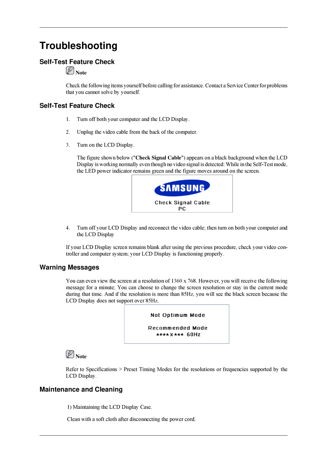 Samsung 320MP-2 quick start Self-Test Feature Check, Maintenance and Cleaning 