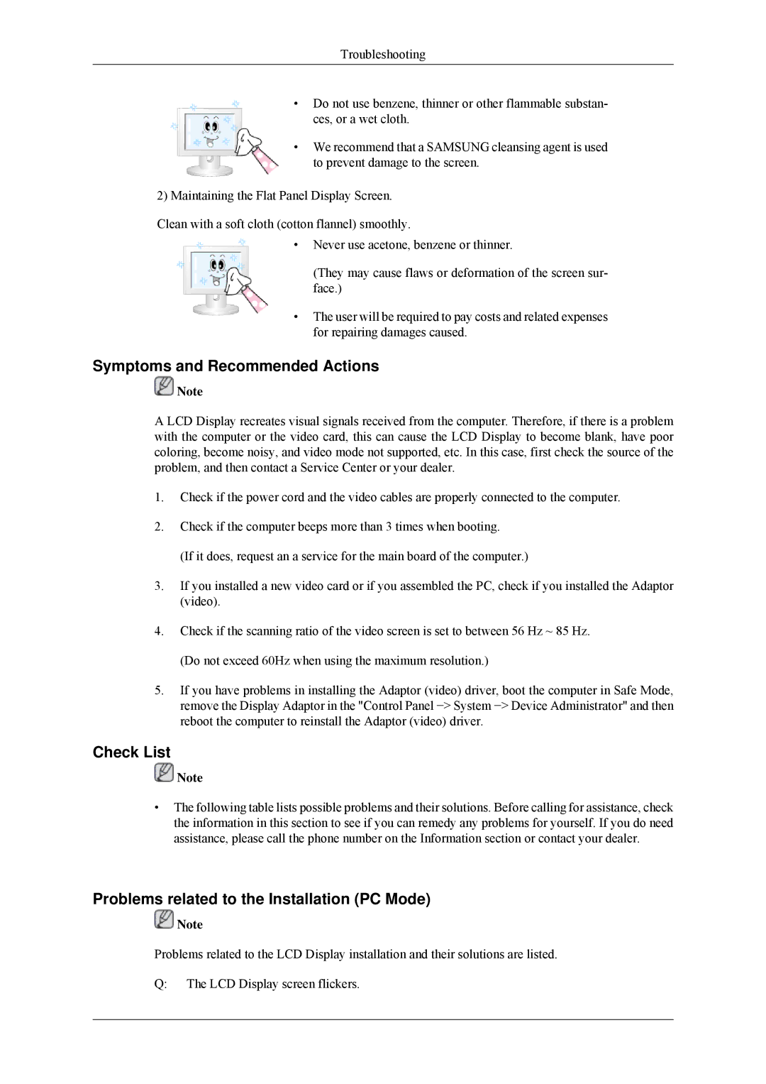 Samsung 320MP-2 quick start Symptoms and Recommended Actions, Check List, Problems related to the Installation PC Mode 