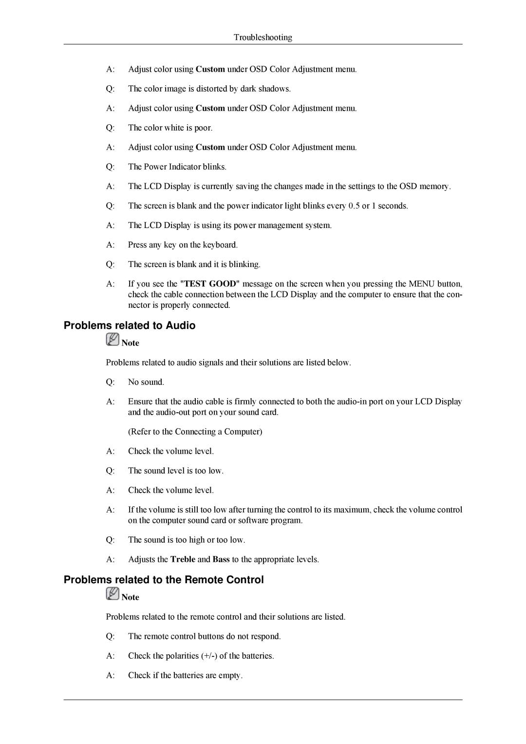 Samsung 320MP-2 quick start Problems related to Audio, Problems related to the Remote Control 