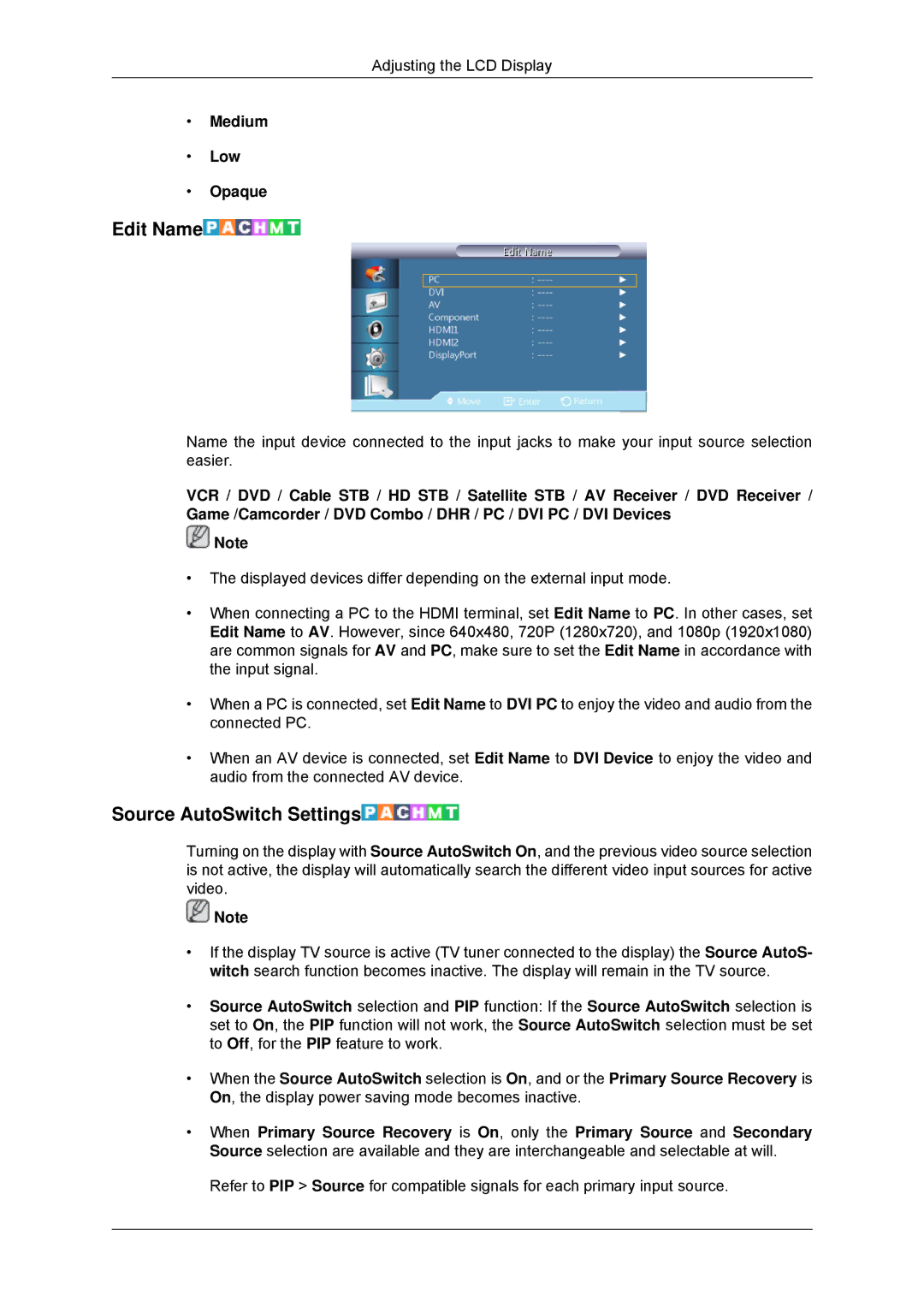 Samsung 320MP-3, 320MXN-3, 320MPN-3, 320MX-3 user manual Edit Name, Source AutoSwitch Settings, Medium Low Opaque 