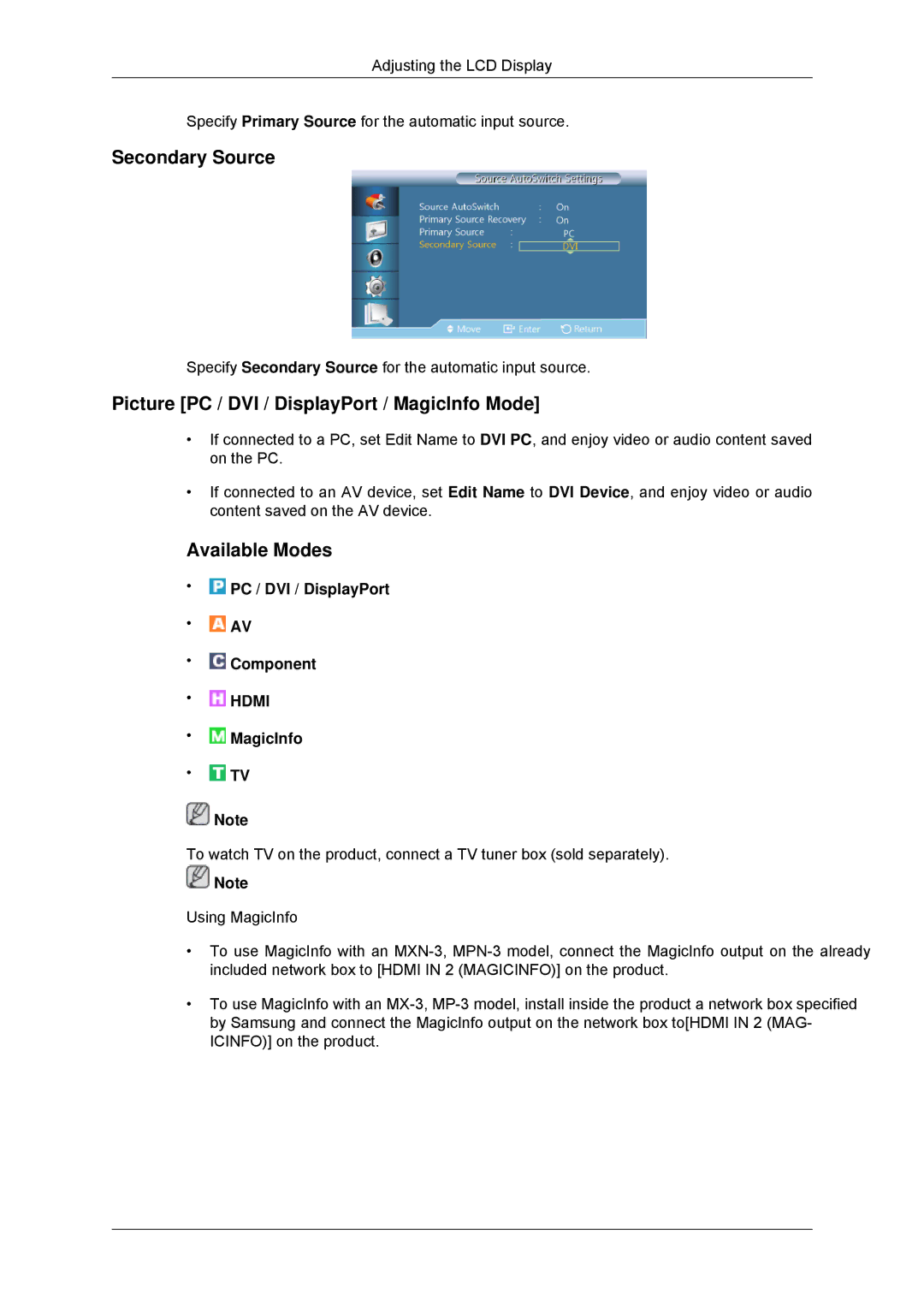 Samsung 320MPN-3, 320MP-3, 320MXN-3, 320MX-3 user manual Secondary Source, Picture PC / DVI / DisplayPort / MagicInfo Mode 