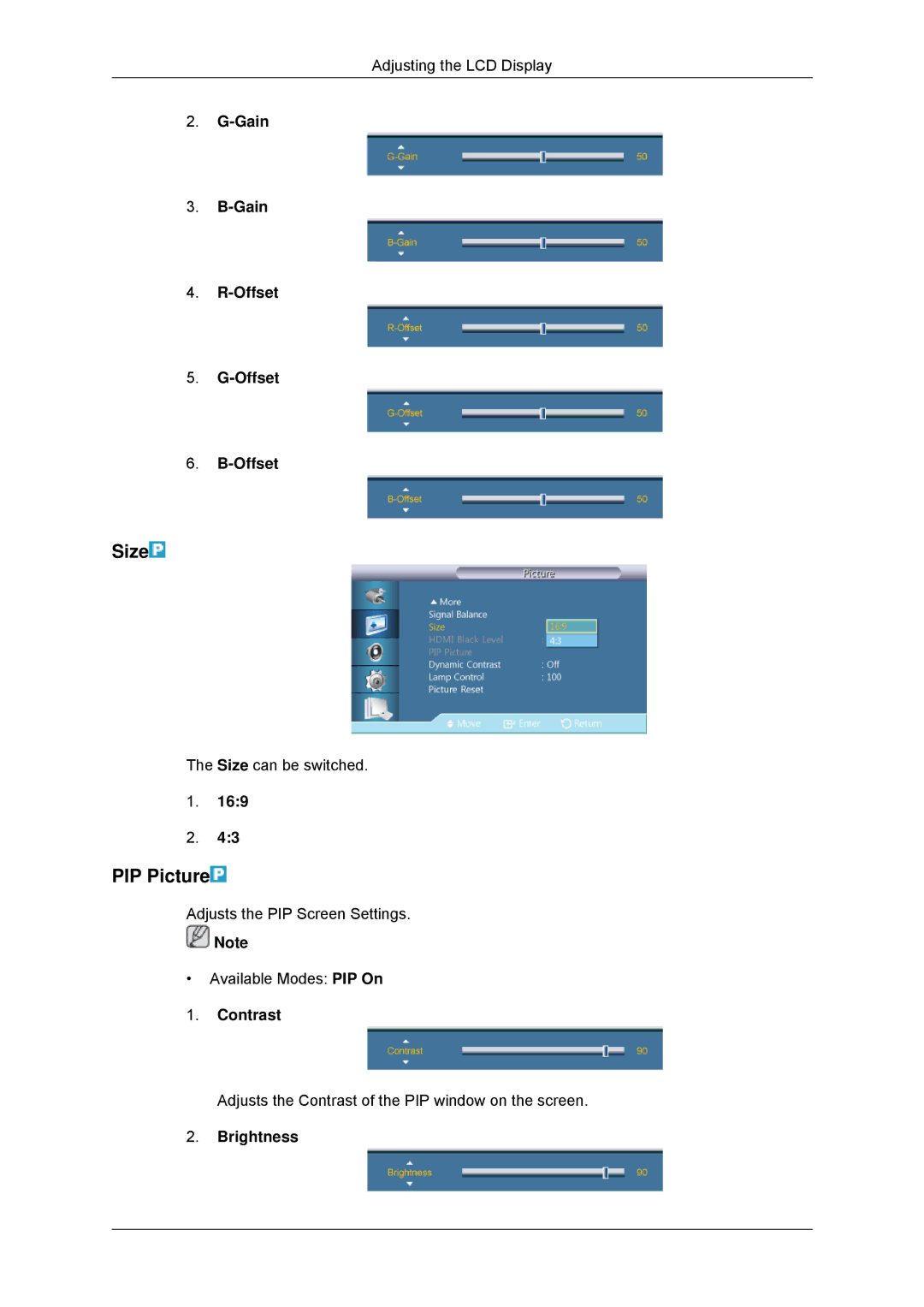 Samsung 320MX-3, 320MP-3, 320MXN-3, 320MPN-3 user manual PIP Picture, Gain Offset 