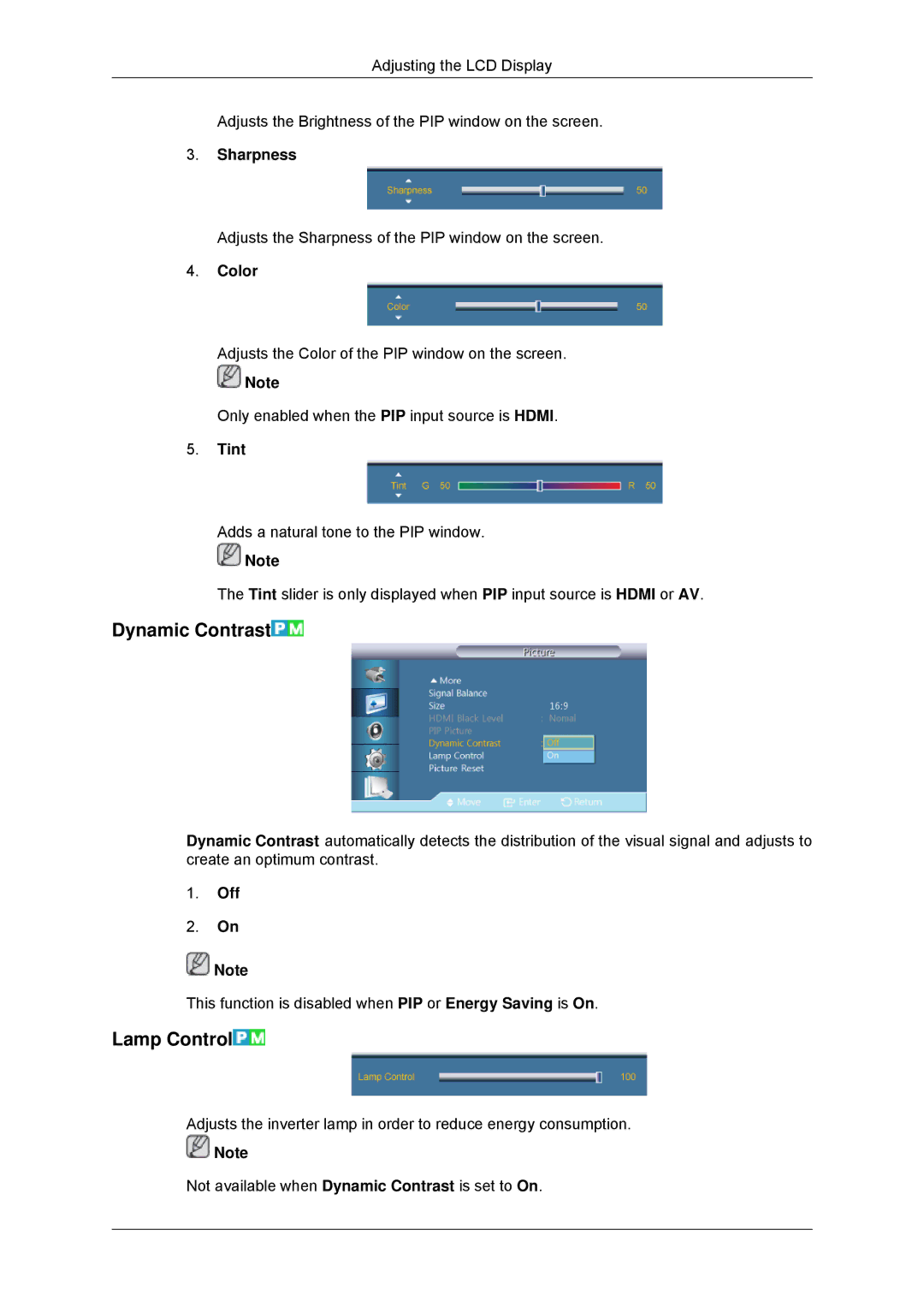 Samsung 320MP-3, 320MXN-3, 320MPN-3, 320MX-3 user manual Dynamic Contrast, Lamp Control, Color, Tint 