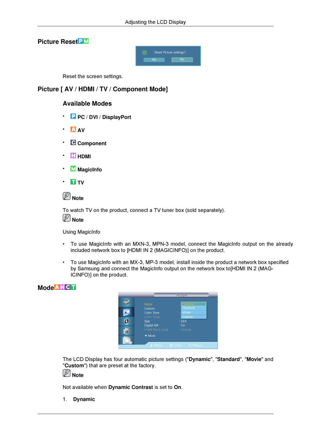 Samsung 320MXN-3, 320MP-3, 320MPN-3, 320MX-3 Picture Reset, Picture AV / Hdmi / TV / Component Mode Available Modes, Dynamic 