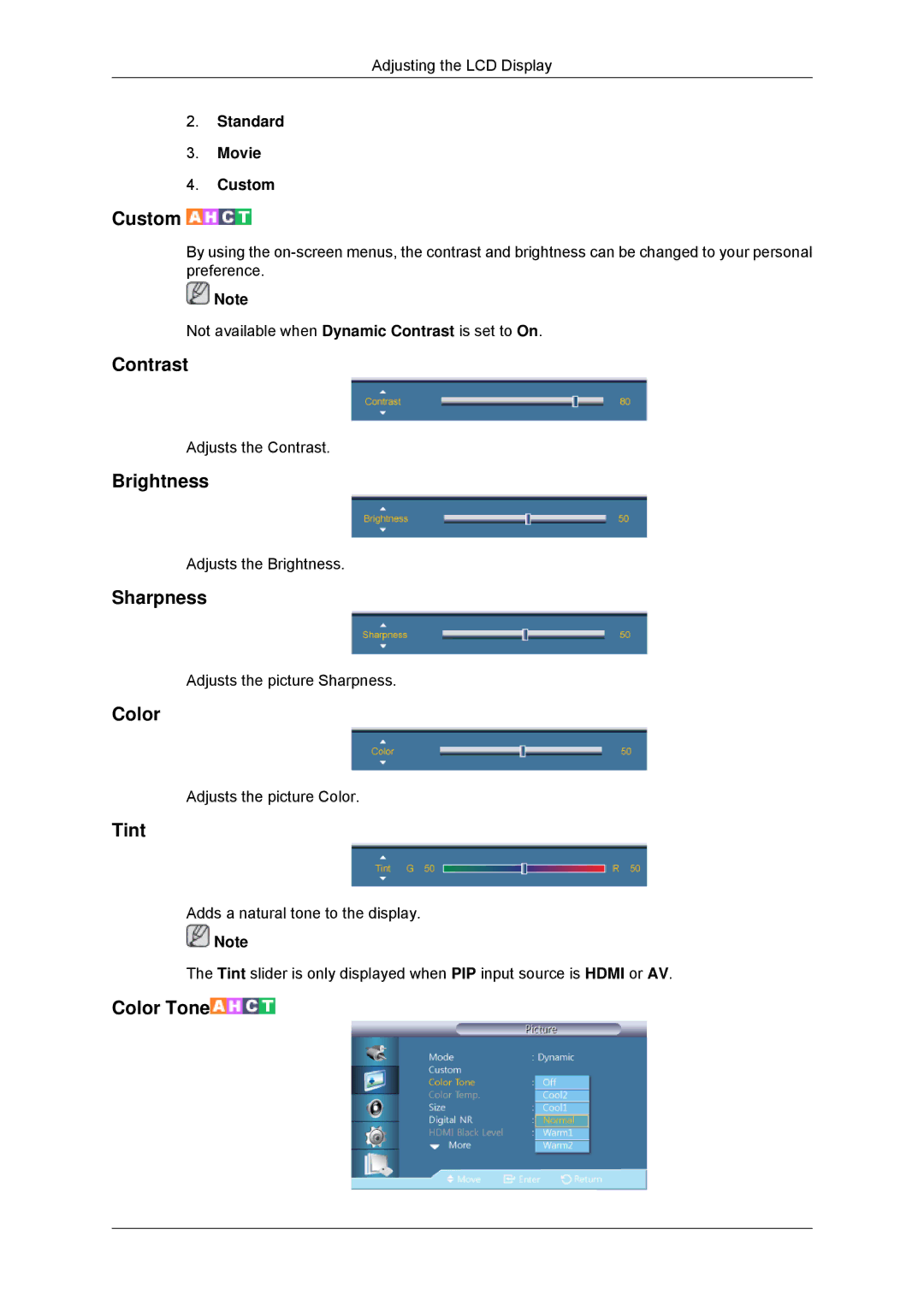 Samsung 320MPN-3, 320MP-3, 320MXN-3, 320MX-3 user manual Contrast, Brightness, Sharpness, Color, Tint 