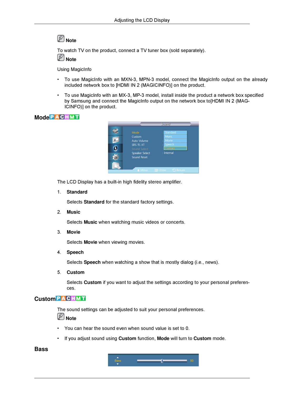 Samsung 320MX-3, 320MP-3, 320MXN-3, 320MPN-3 user manual Bass, Standard, Music, Speech 