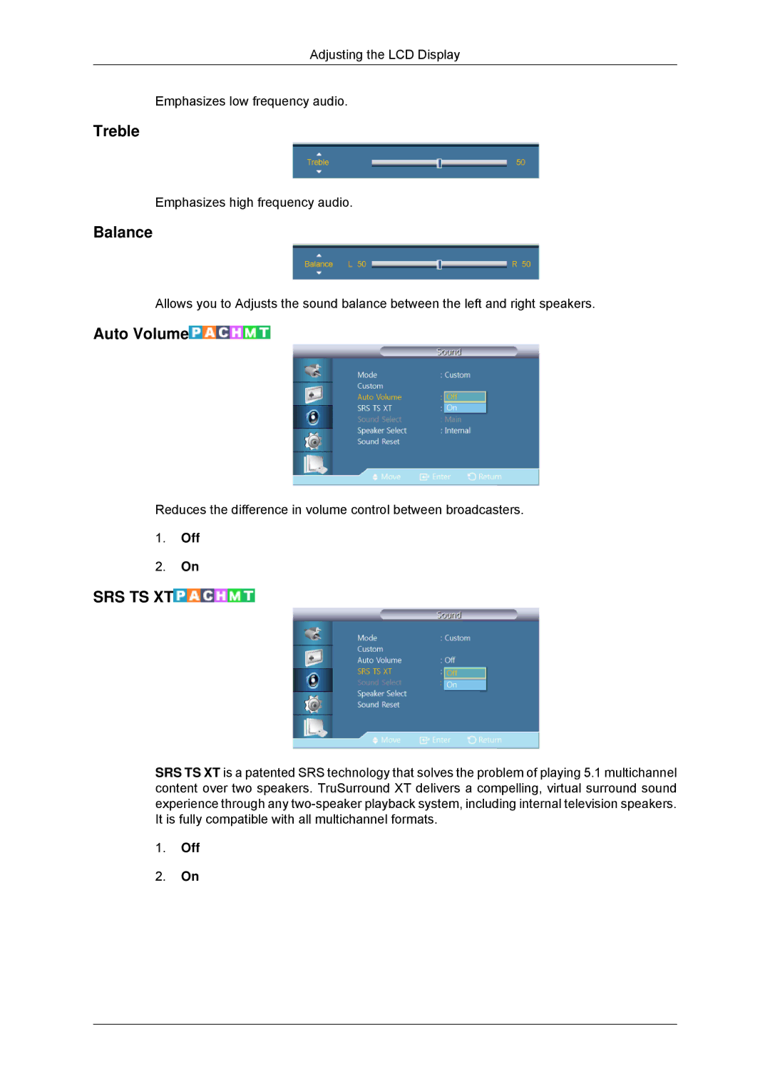 Samsung 320MP-3, 320MXN-3, 320MPN-3, 320MX-3 user manual Treble, Balance, Auto Volume 