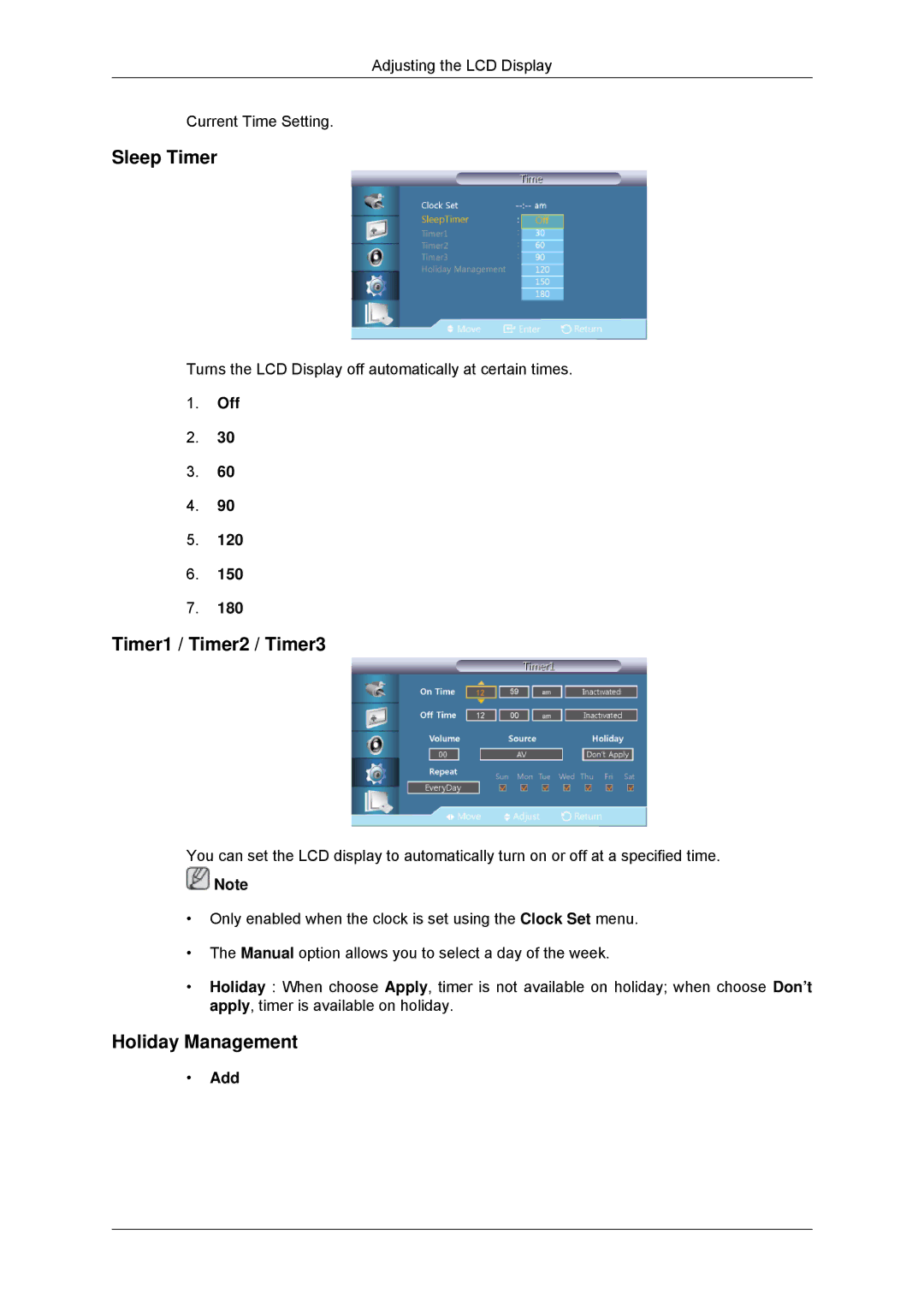 Samsung 320MX-3, 320MP-3, 320MXN-3, 320MPN-3 user manual Sleep Timer, Timer1 / Timer2 / Timer3, Holiday Management, Add 