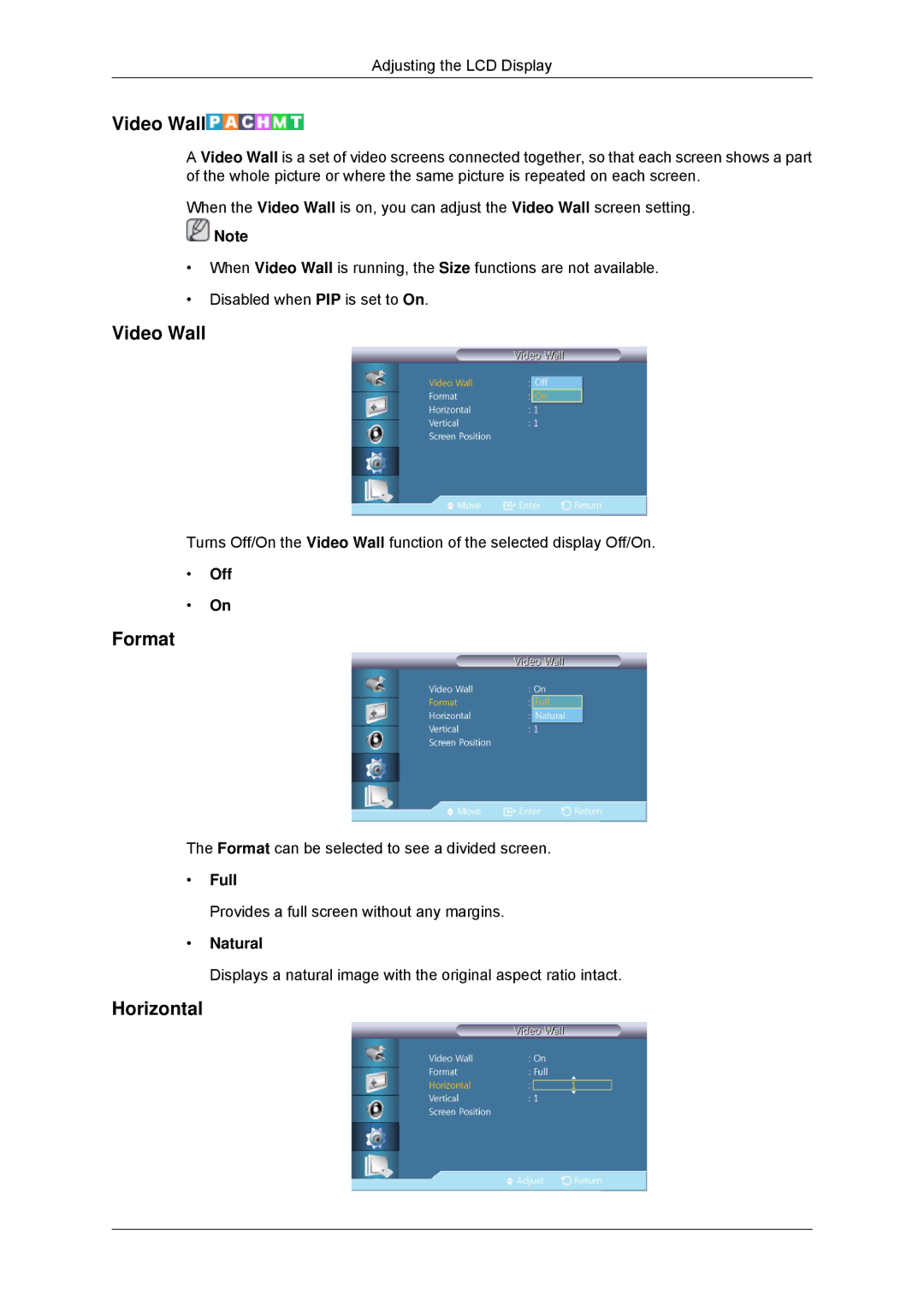 Samsung 320MPN-3, 320MP-3, 320MXN-3, 320MX-3 user manual Video Wall, Format, Horizontal, Full 