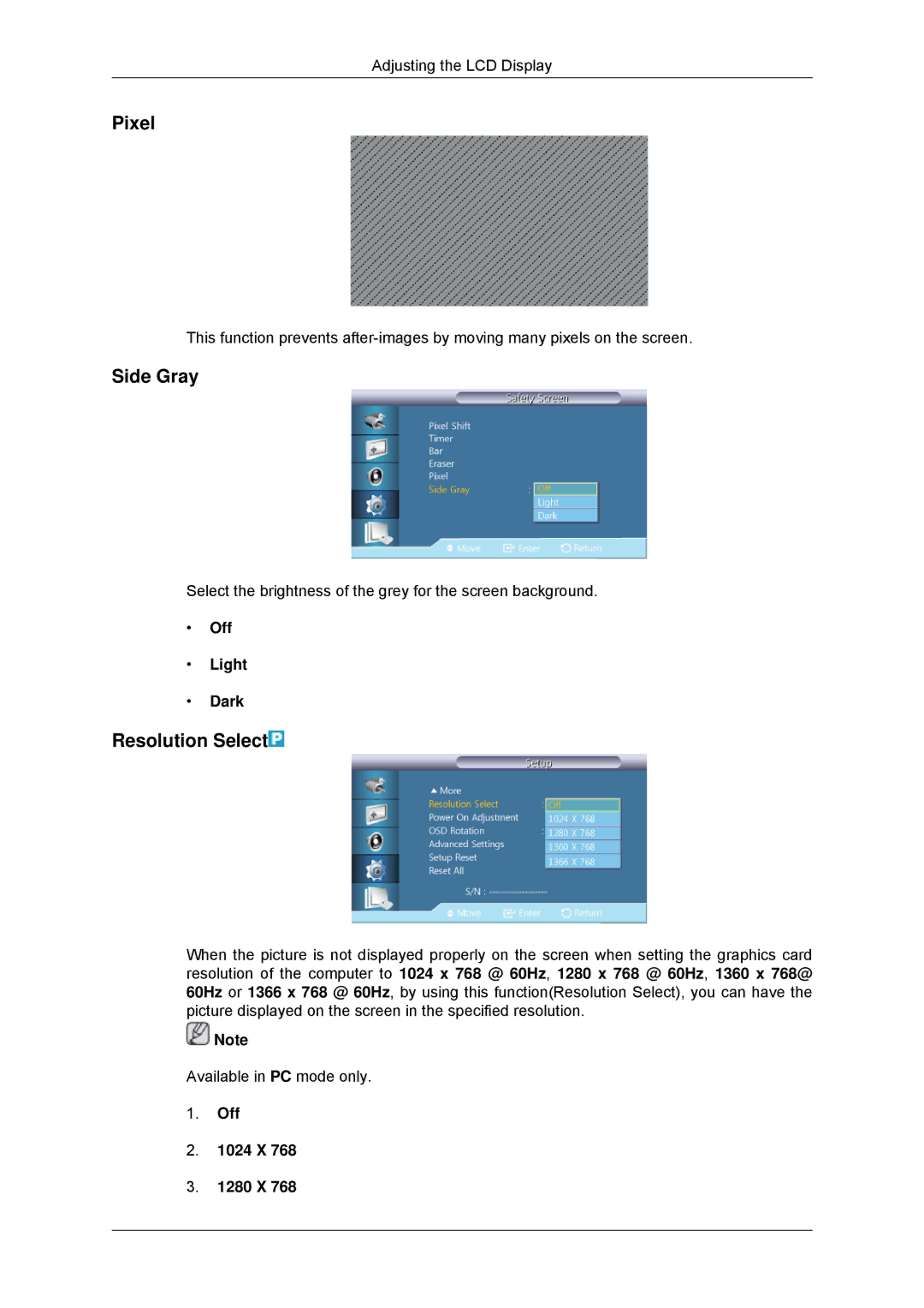 Samsung 320MX-3, 320MP-3, 320MXN-3, 320MPN-3 Pixel, Side Gray, Resolution Select, Off Light Dark, Off 1024 X 1280 X 