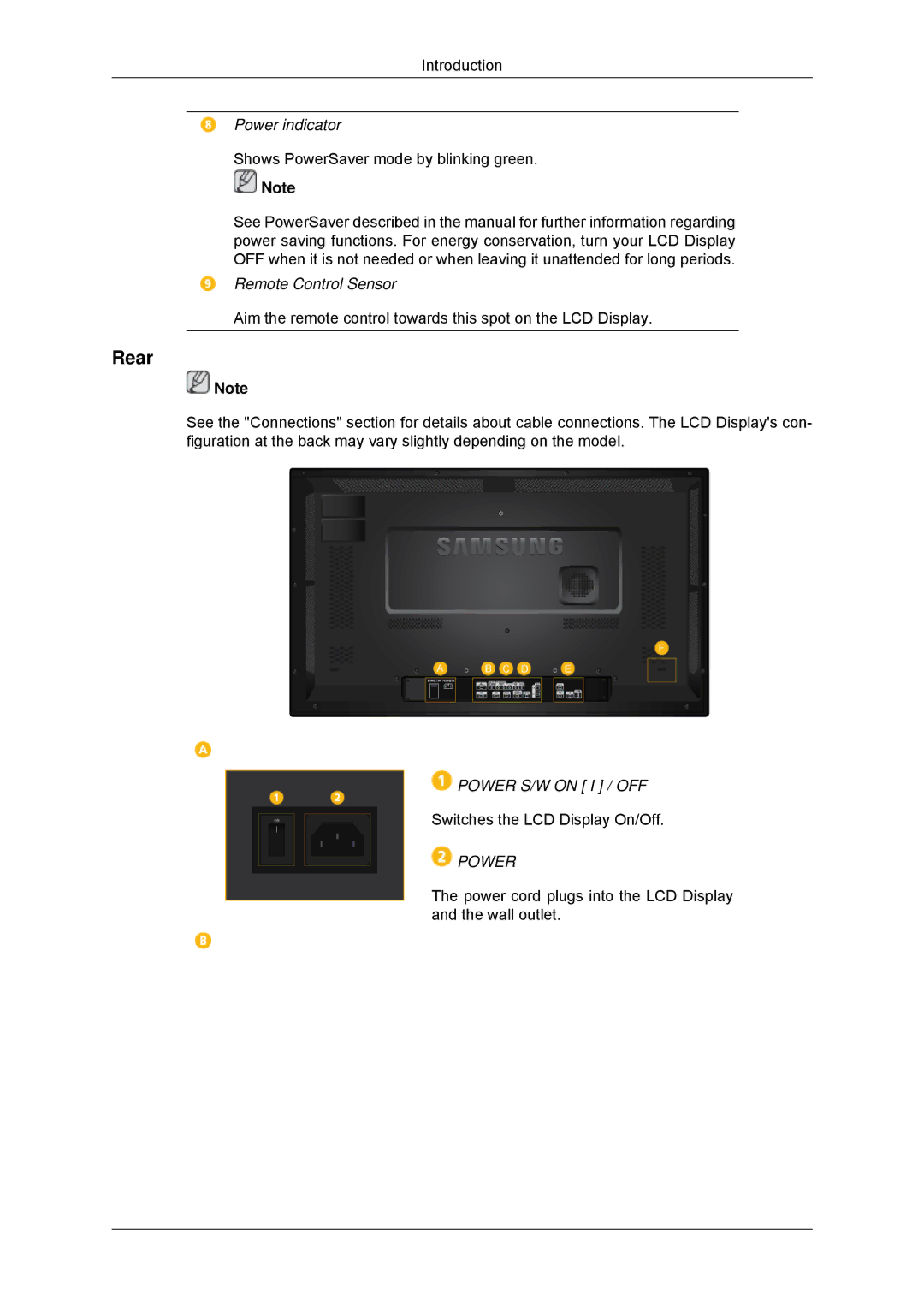 Samsung 320MXN-3, 320MP-3, 320MPN-3, 320MX-3 user manual Rear, Power indicator, Remote Control Sensor, Power S/W on I / OFF 