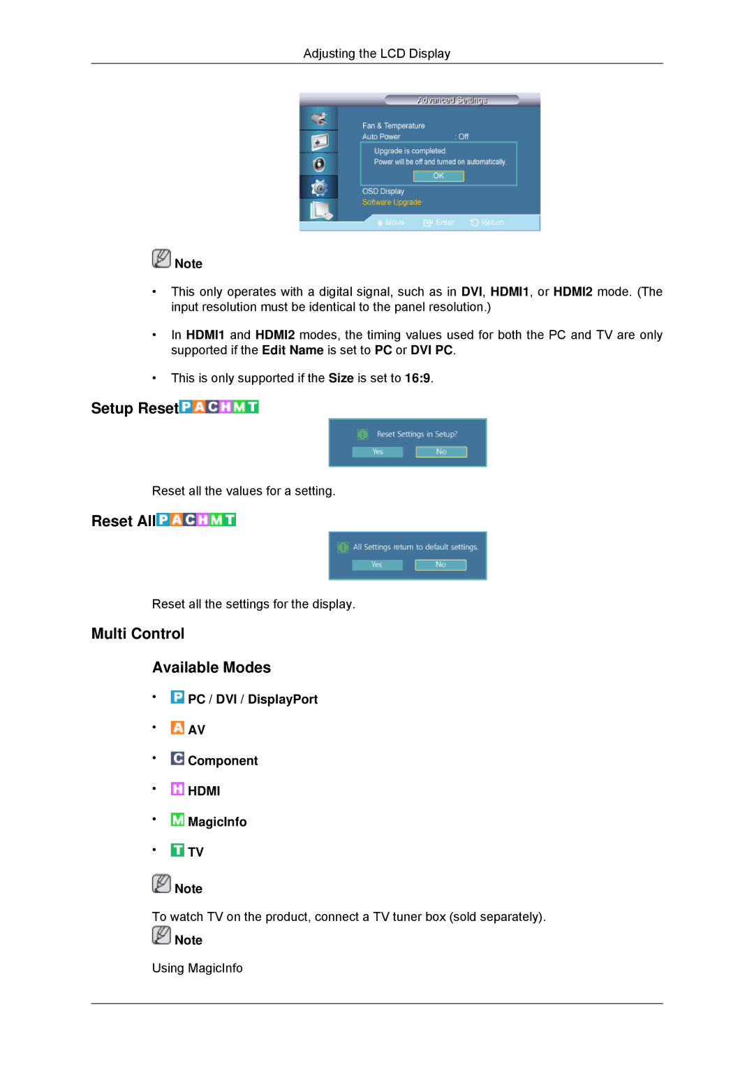 Samsung 320MPN-3, 320MP-3, 320MXN-3, 320MX-3 user manual Setup Reset, Reset All, Multi Control Available Modes 