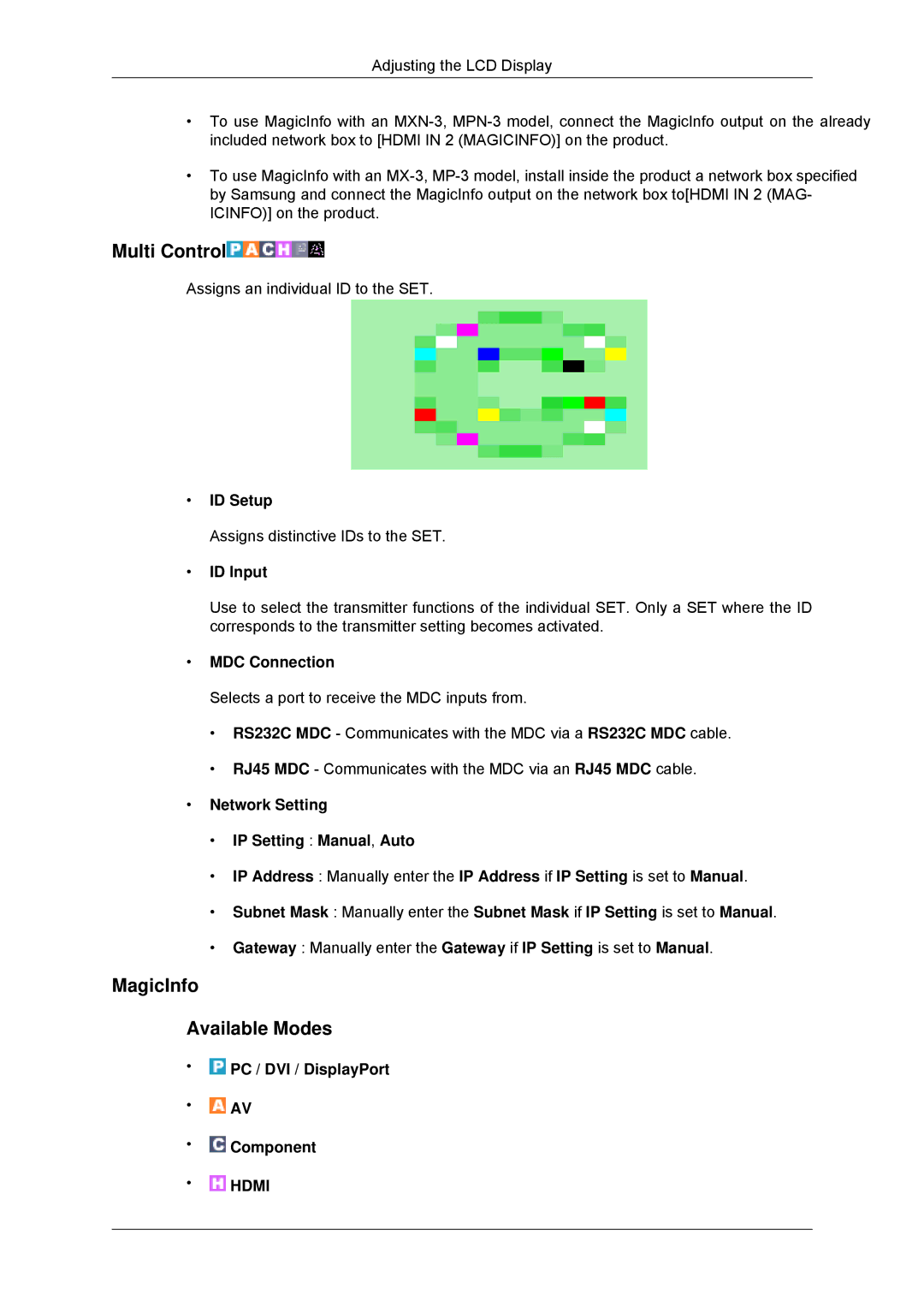 Samsung 320MX-3, 320MP-3, 320MXN-3, 320MPN-3 Multi Control, MagicInfo Available Modes, ID Setup, ID Input, MDC Connection 