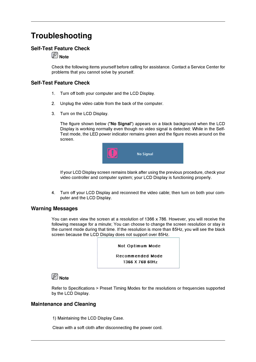 Samsung 320MP-3, 320MXN-3, 320MPN-3, 320MX-3 user manual Self-Test Feature Check, Maintenance and Cleaning 