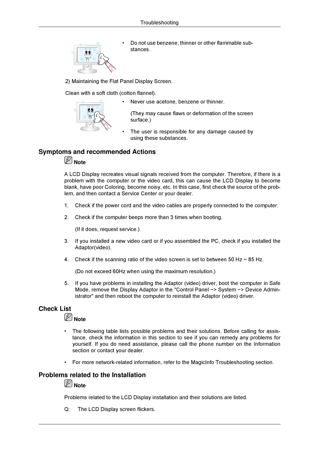 Samsung 320MXN-3, 320MP-3, 320MPN-3 Symptoms and recommended Actions, Check List, Problems related to the Installation 