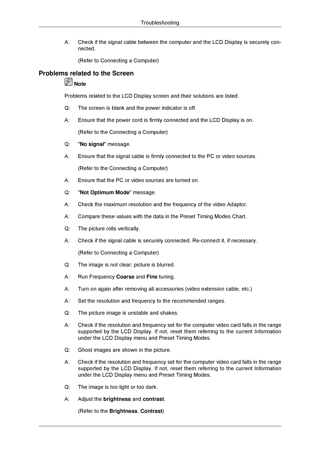 Samsung 320MPN-3, 320MP-3, 320MXN-3, 320MX-3 user manual Problems related to the Screen, Not Optimum Mode message 