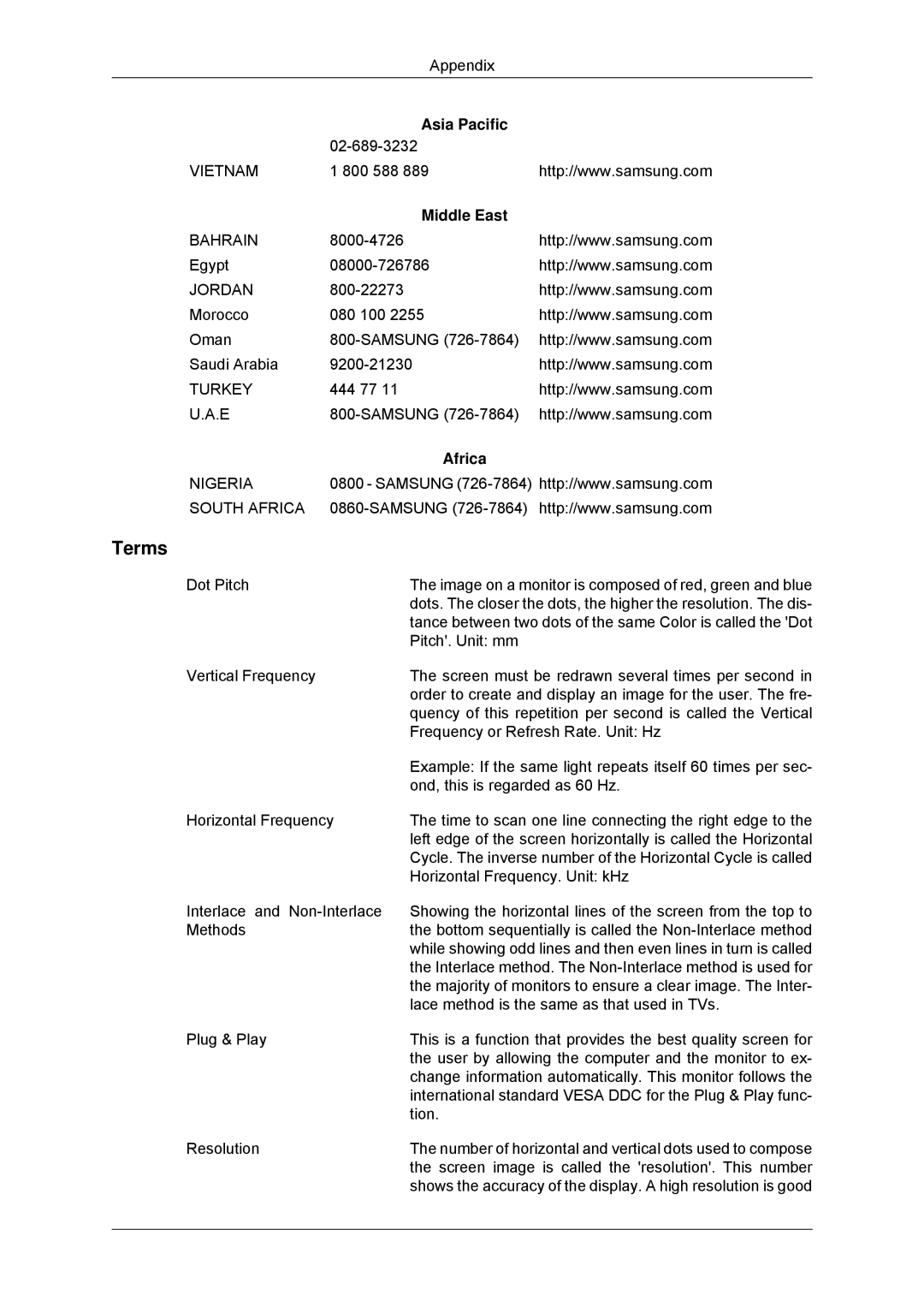 Samsung 320MP-3, 320MXN-3, 320MPN-3, 320MX-3 user manual Terms, Middle East, Africa 