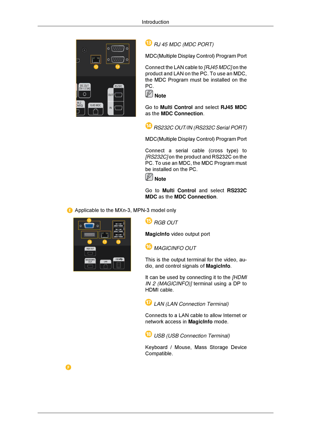 Samsung 320MP-3, 320MXN-3 RS232C OUT/IN RS232C Serial Port, LAN LAN Connection Terminal, USB USB Connection Terminal 