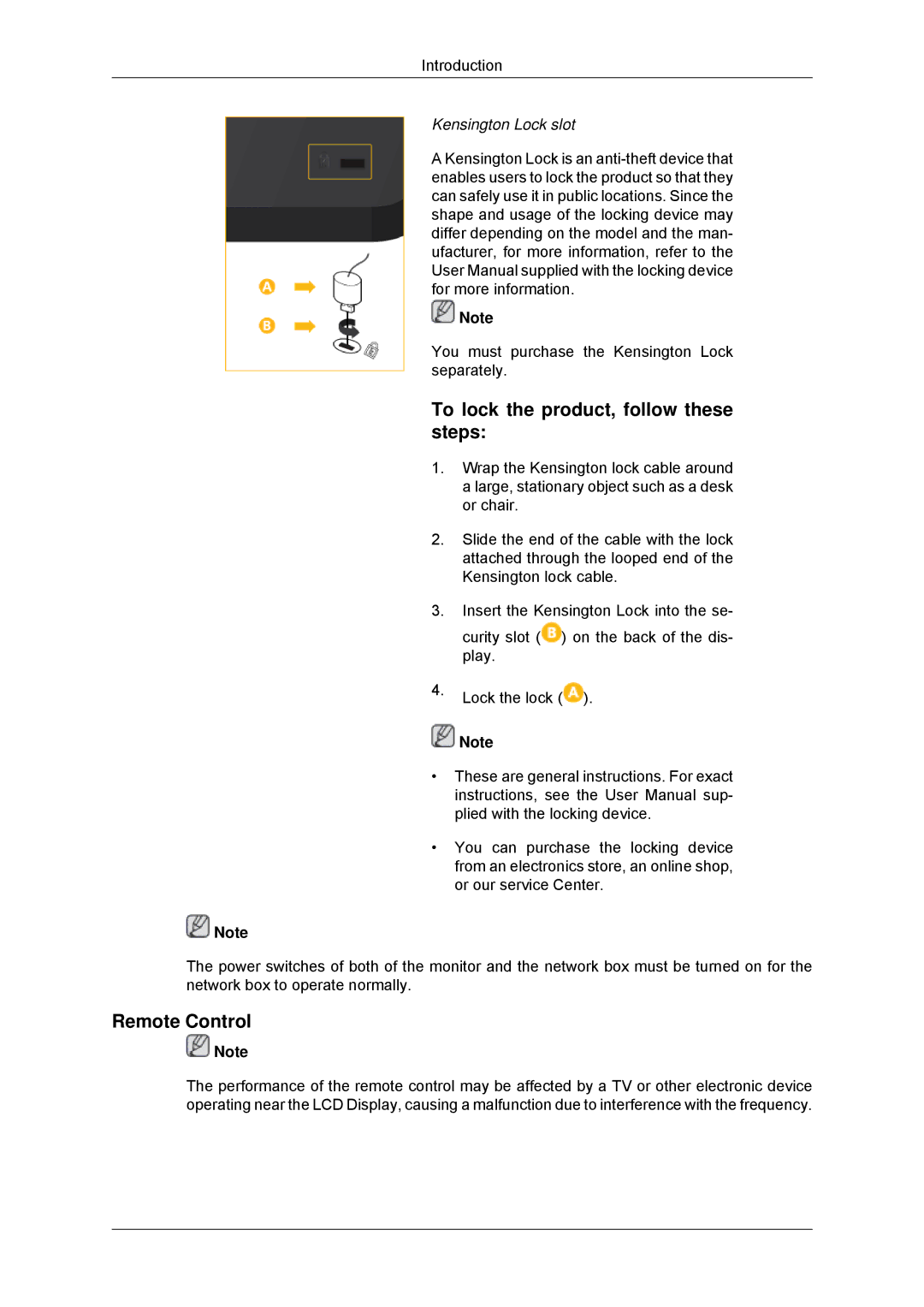 Samsung 320MXN-3, 320MP-3, 320MPN-3, 320MX-3 To lock the product, follow these steps, Remote Control, Kensington Lock slot 