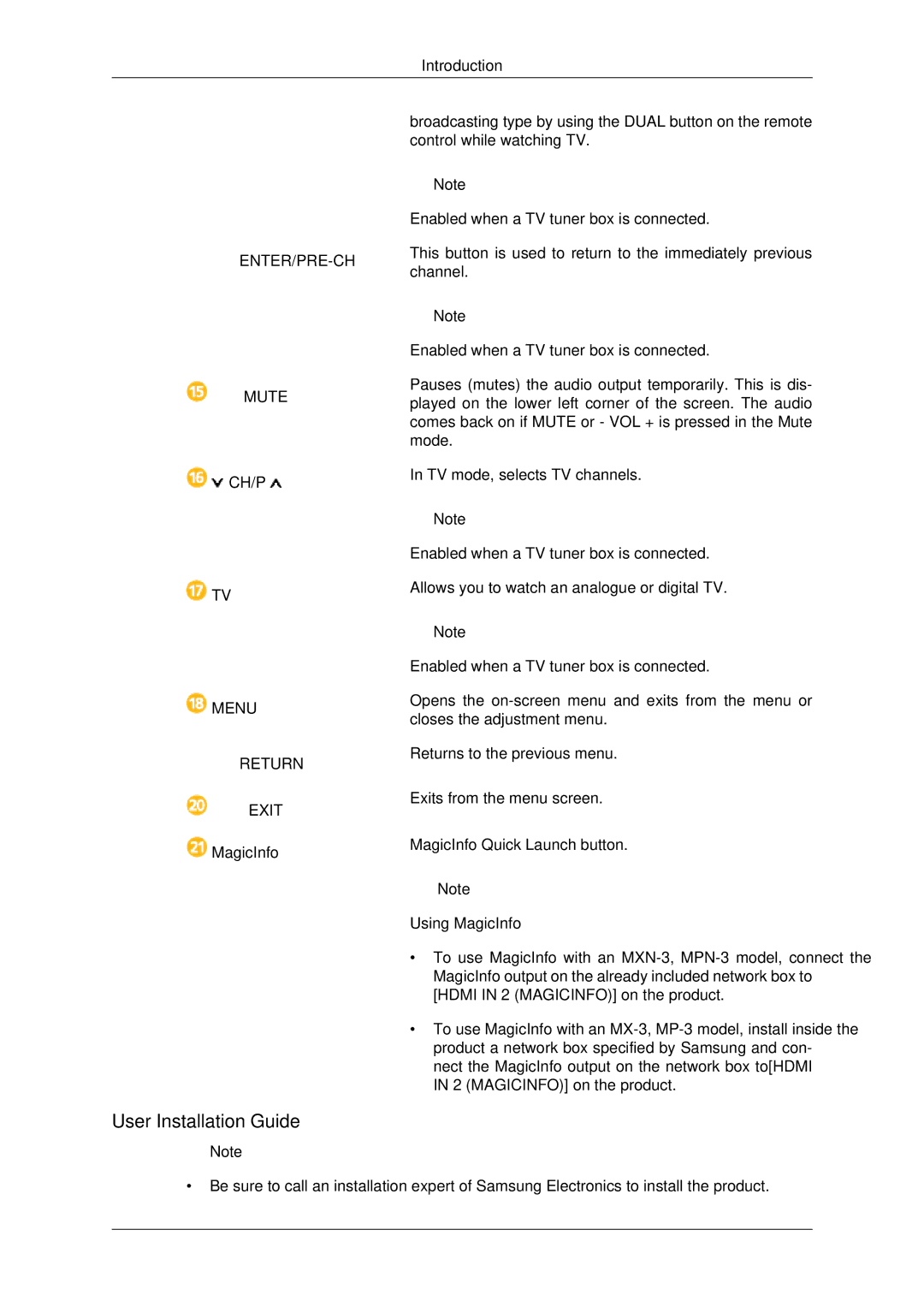 Samsung 320MP-3, 320MXN-3, 320MPN-3, 320MX-3 user manual User Installation Guide, ENTER/PRE-CH Mute 