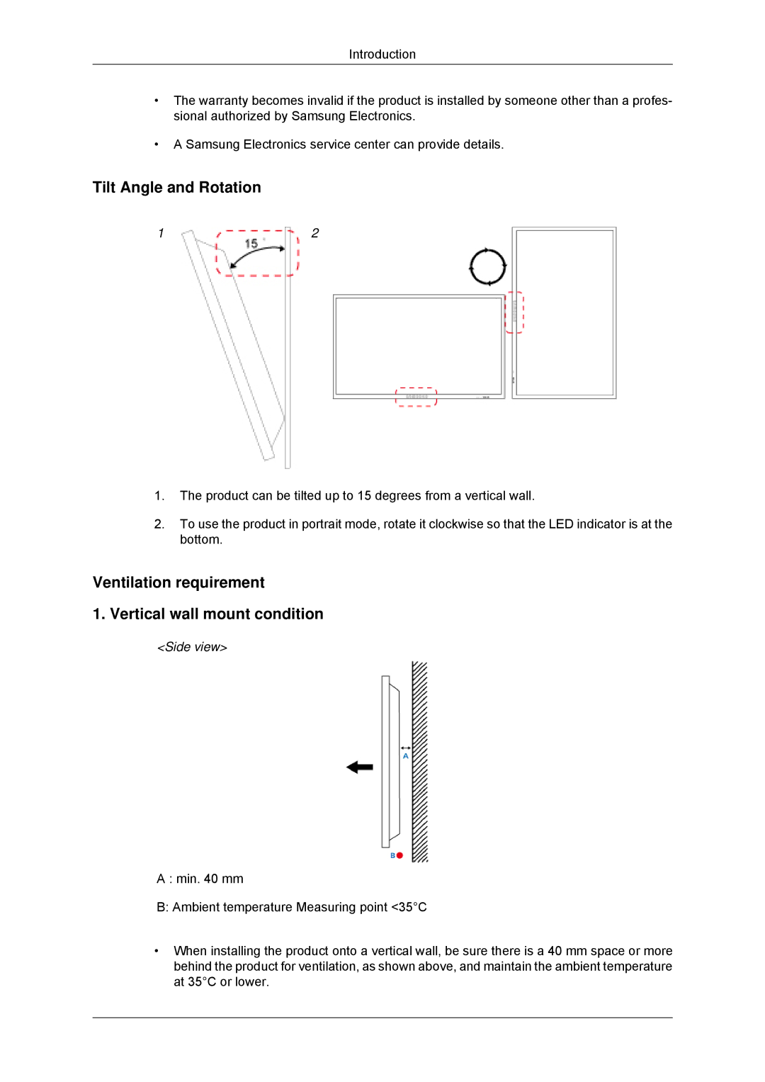 Samsung 320MXN-3, 320MP-3 Tilt Angle and Rotation, Ventilation requirement Vertical wall mount condition, Side view 