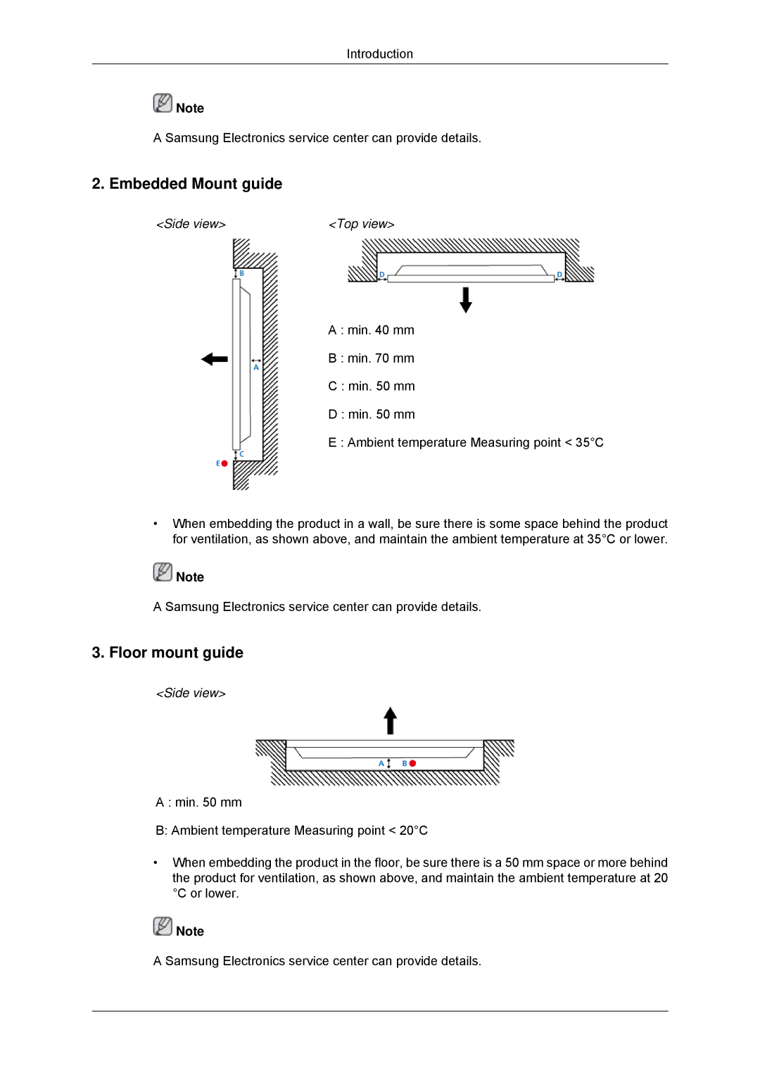 Samsung 320MPN-3, 320MP-3, 320MXN-3, 320MX-3 user manual Embedded Mount guide, Floor mount guide, Side view Top view 